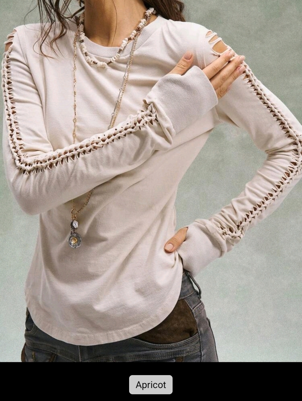 Lattice-Sleeve Long Sleeve Top in Light Ivory - Picture 3 of 14